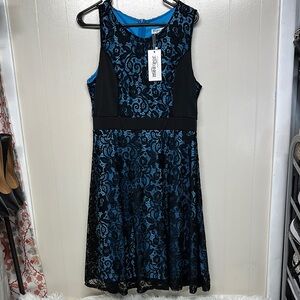 Lace Black and Blue Fit and Flare Midi Dress for Cocktail